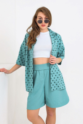 Костюм Лен рубашка + шорты 1252 горох крупный зеленый